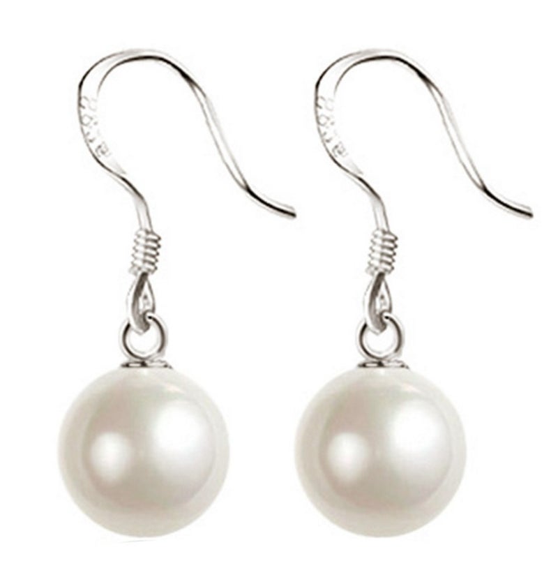TomSunlight 925 Sterling Silver 8mm White Pearl Dangle Earrings Vintage Authentic Hook Earrings - Image 1